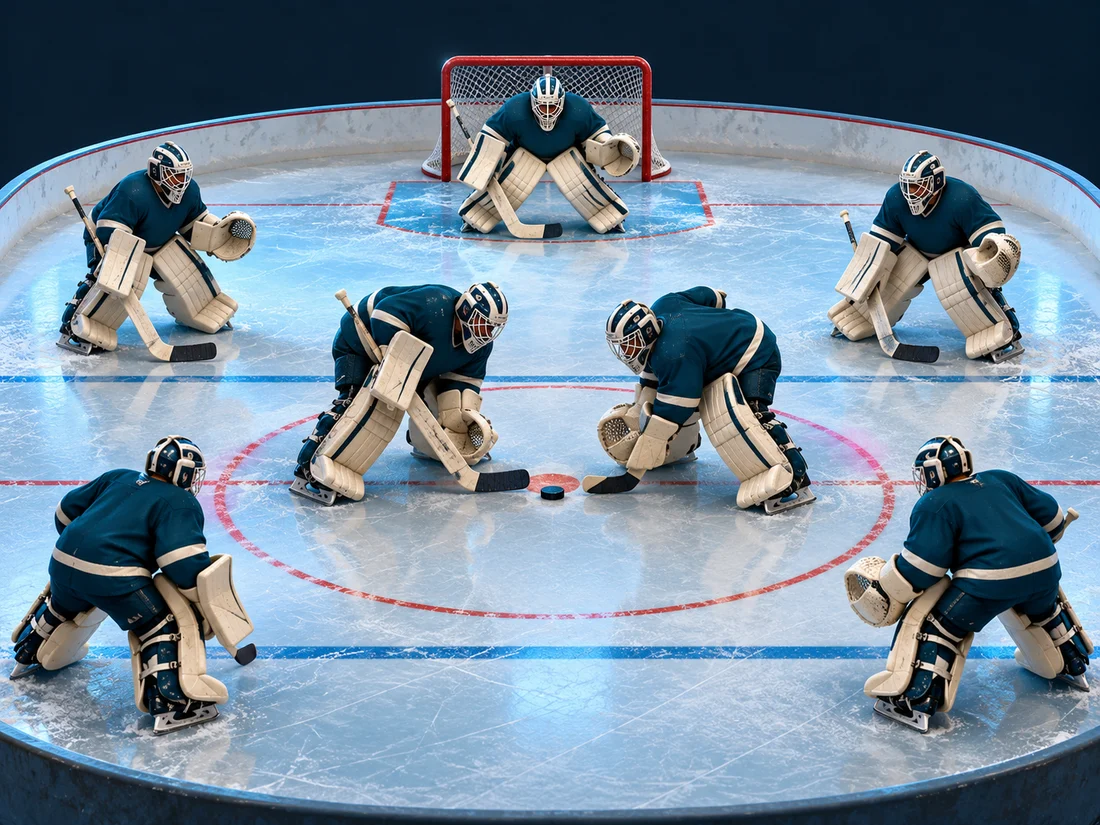 An absurd hockey rink filled entirely with goalies